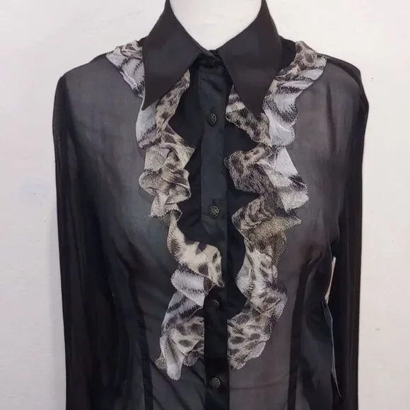 Just Cavalli Sheer Black Silk Blouse with Leopard Ruffle & Satin Trim - 44 / L - Picture 4 of 11